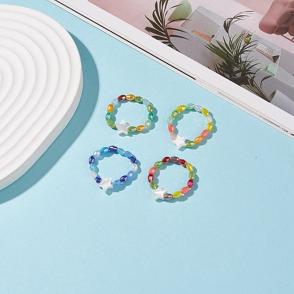 

PandaHall Natural Shell Star & Glass Beaded Stretch Finger Ring for Women, Mixed Color, US Size 7 3/4(17.9mm) Shell Multicolor