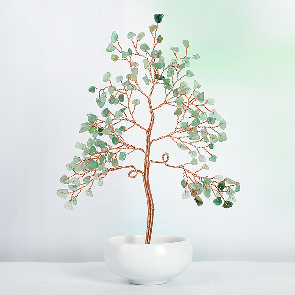 

PandaHall Undyed Natural Green Aventurine Chips Tree of Life Display Decorations, with Porcelain Bowls, Copper Wire Wrapped Feng Shui...