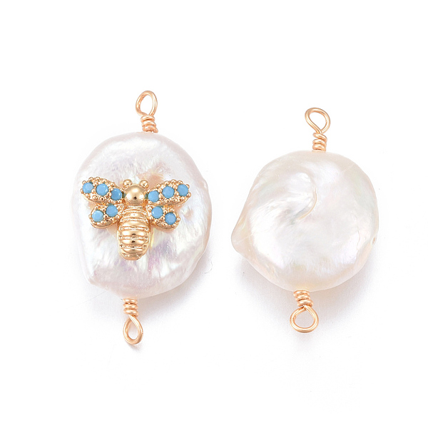 

PandaHall Natural Pearl Links connectors, with Brass Cubic Zirconia Findings, Nuggets with Bees, Golden, Deep Sky Blue, 18~27x11~16x5~12mm...
