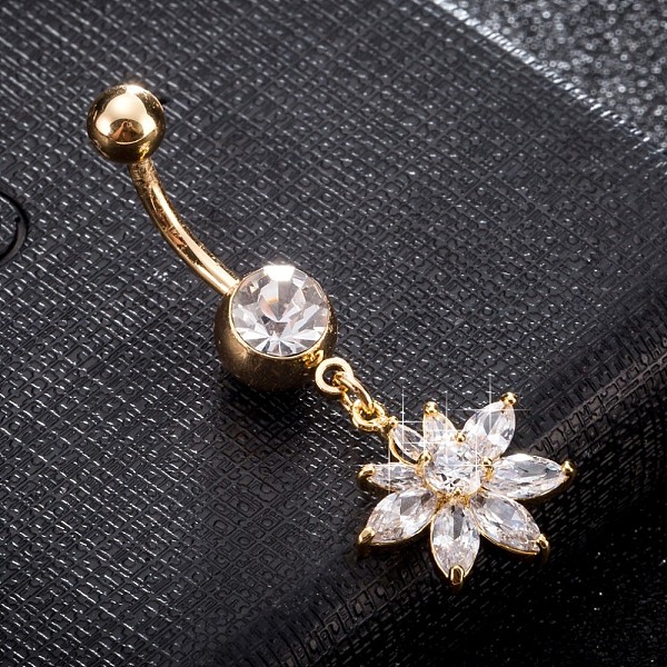 

PandaHall Brass Cubic Zirconia Navel Ring, Belly Rings, with 304 Stainless Steel Bar, Cadmium Free & Lead Free, Real 18K Gold Plated, Flower..., Clear