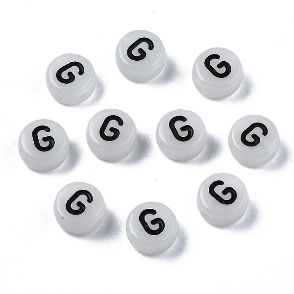

PandaHall Acrylic Beads, with Enamel and Luminous, Horizontal Hole, Flat Round with Black Letter, Glow in the Dark, Light Grey, Letter.G...