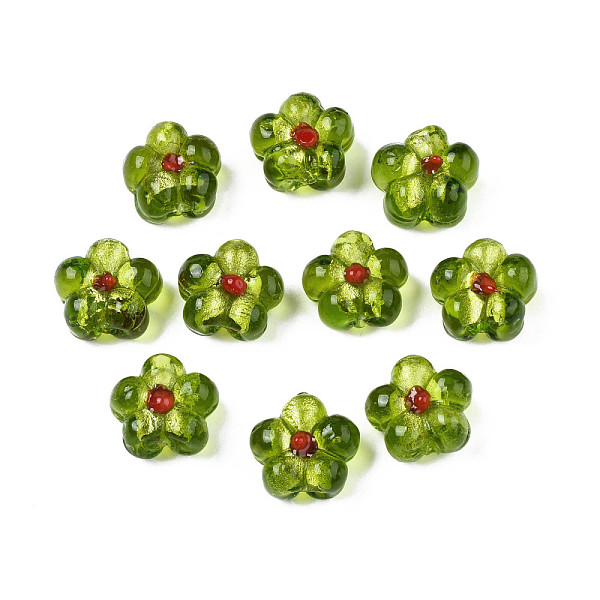 

PandaHall Handmade Silver Foil Glass Lampwork Beads, Flower, Olive Drab, 14~14.5x14.5~15x8~9mm, Hole: 1.4~1.6mm Foil Glass Flower