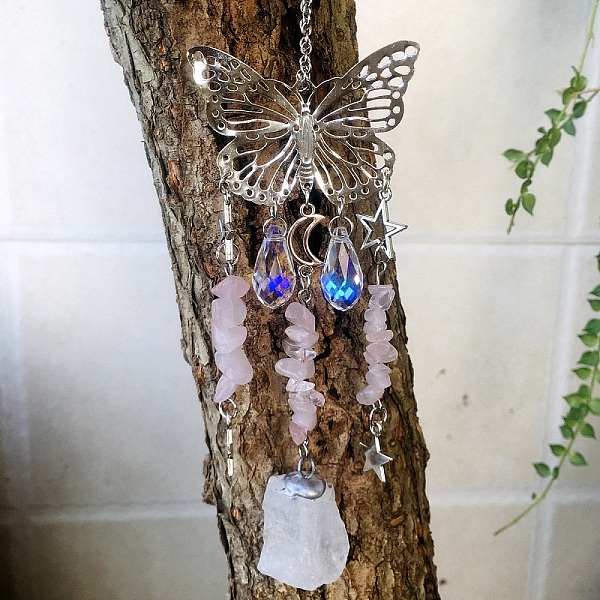 

PandaHall Metal Hollow Butterfly Hanging Ornaments, Natural Rose Quartz Chip and Glass Teardrop Tassel Suncatchers for Home Outdoor...