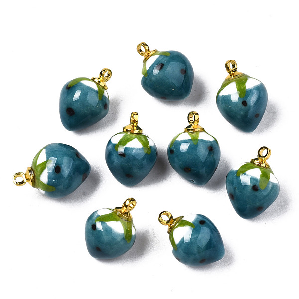 

PandaHall Handmade Porcelain Pendants, with Golden Plated Brass Findings, Famille Rose Style, 3D Strawberry, Teal, 14~16x10~11mm, Hole..., Cyan