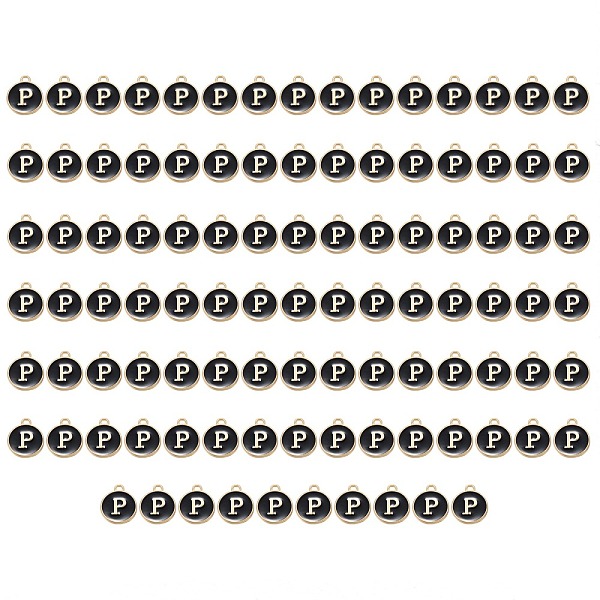 

PandaHall Golden Plated Enamel Alloy Charms, Enamelled Sequins, Flat Round, Black, Letter.P, 14x12x2mm, Hole: 1.5mm, 100pcs/Box Alloy+Enamel...