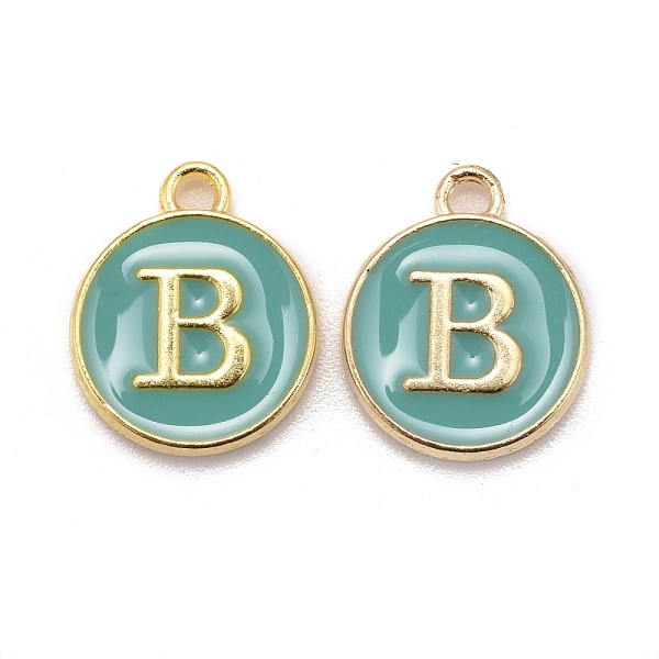 

PandaHall Golden Plated Alloy Enamel Charms, Cadmium Free & Lead Free, Enamelled Sequins, Flat Round with Letter, Turquoise, Letter.B..., Green