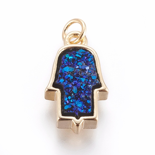 

PandaHall Druzy Resin Pendants, with Brass Finding, Hamsa Hand/Hand of Fatima/Hand of Miriam, Mixed Color, 19x11x4~6mm, Hole: 3mm..., Multicolor