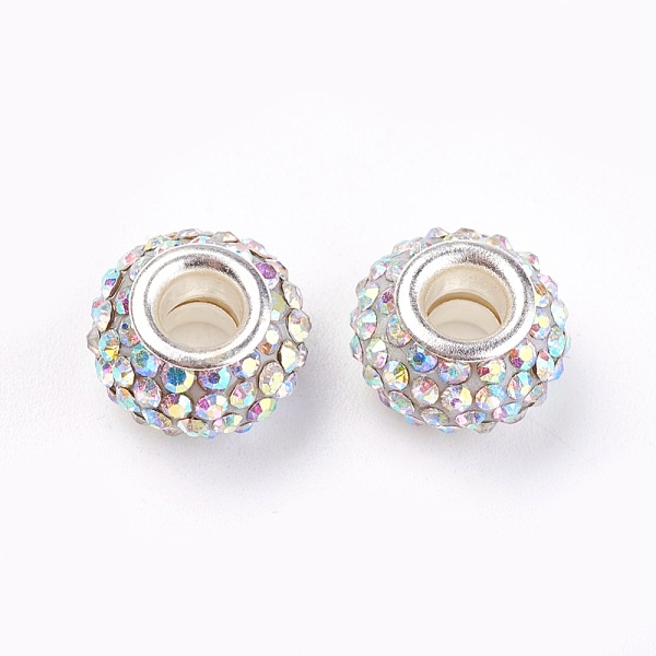 PandaHall Grade A Rhinestone European Beads, Large Hole Beads, Resin, with Silver Color Plated Brass Core, Rondelle, Crystal AB, 12x8mm...