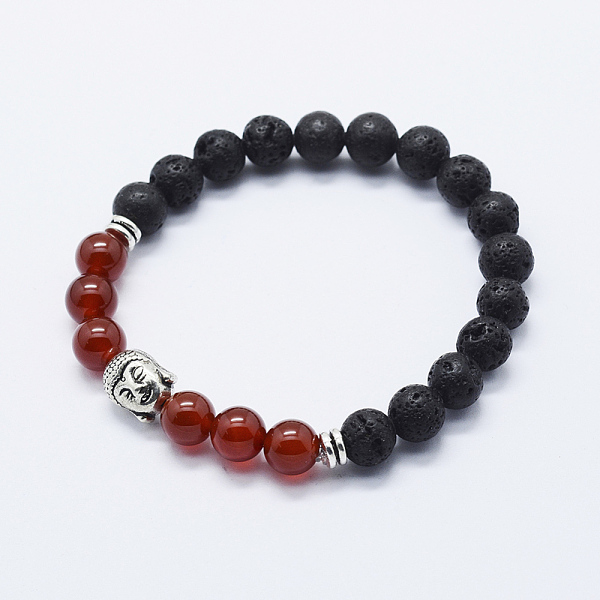 

PandaHall Natural Lava Rock and Carnelian Stretch Bracelets, Dyed, with Alloy Buddha's Head, Antique Silver, 2-3/8 inch(59mm) Carnelian