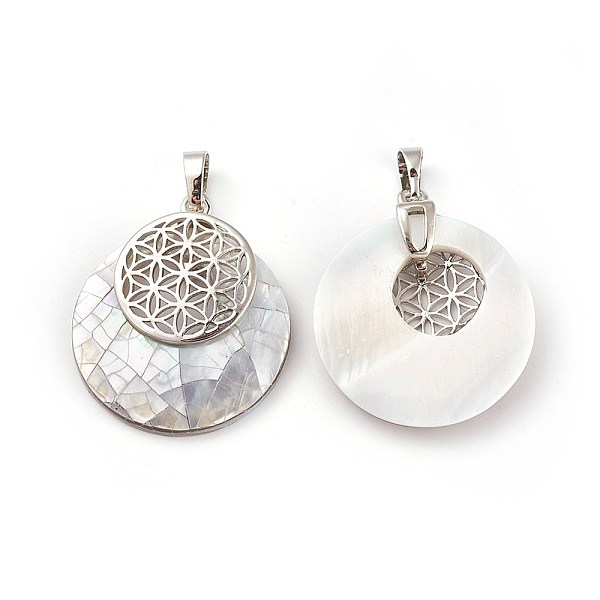

PandaHall Shell Pendants, Spiritual Charms, with Platinum Tone Brass Findings, Flat Round with Flower of Life/Sacred Geometry...