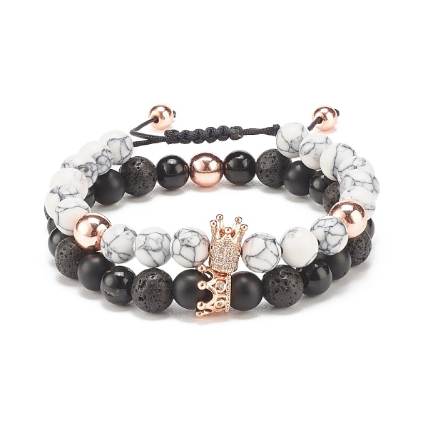 

PandaHall 2Pcs 2 Style Cubic Zirconia Braided Bead Bracelet, Synthetic Howlite & Natural Lava Rock & Brass Round Beaded Bracelets for Women...