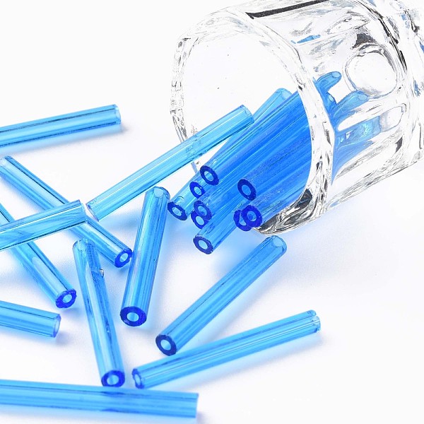 

PandaHall Glass Bugle Beads, Round Hole, Opaque Colours, Dodger Blue, 28x3mm, Hole: 1.2mm, about 850pcs/pound Glass