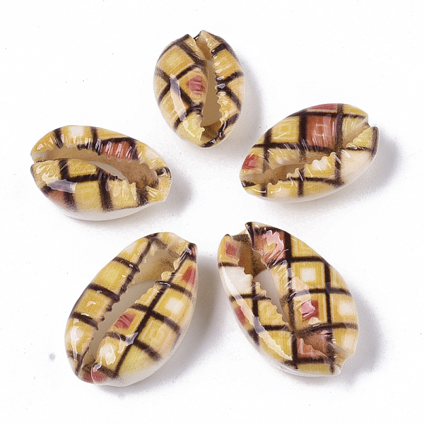

PandaHall Printed Natural Cowrie Shell Beads, Plaid Beads, No Hole/Undrilled, with Tartan Pattern, Champagne Yellow, 18~21x12~15x7mm Cowrie...