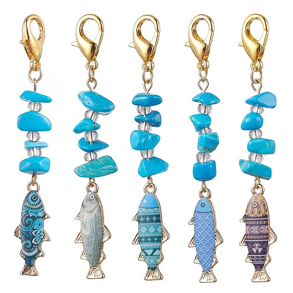 

PandaHall Alloy Enamel Pendant Decorations, with Zinc Alloy Lobster Claw Clasps and Synthetic Turquoise Beads, Fish, Mixed Color, 73mm..., Multicolor
