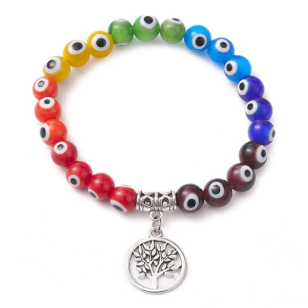 

PandaHall 7-Color 8mm Round Alloy Handmade Evil Eye Lampwork Stretch Bracelets, Tree of Life Charm Bracelets for Women, Colorful, Inner..., Multicolor