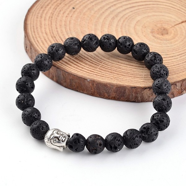 

PandaHall Buddha Head Natural Lava Rock Beaded Stretch Bracelets, with Tibetan Style Alloy Beads, 55mm Lava Rock Black