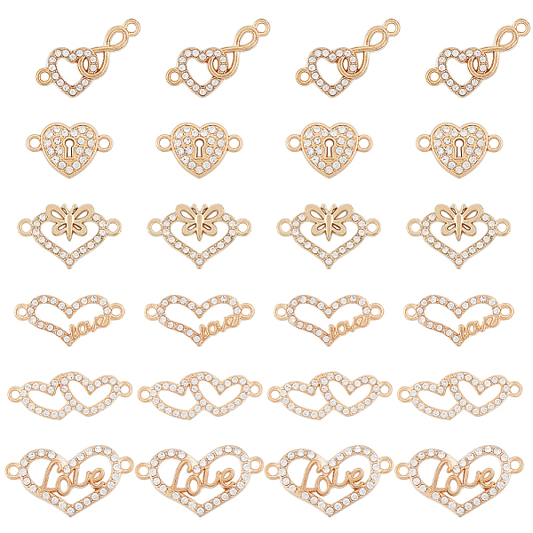 

PandaHall SUNNYCLUE 48Pcs 6 Styles Alloy Crystal Rhinestone Connector Charms, Heart Links, Light Gold, 10~15.5x21.5~28.5x2~3mm, Hole..., Clear