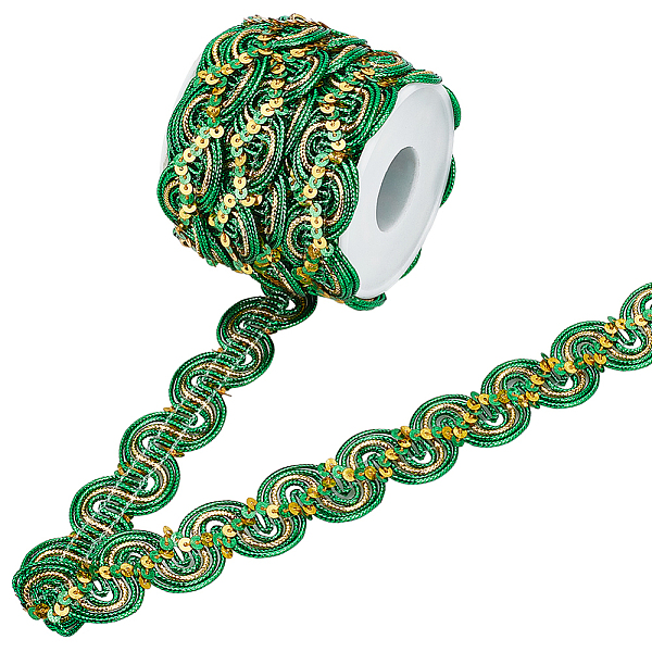 

PandaHall 15 Yards Sparkle Polyester Lace Ribbon, Wave Edge Lace Trimming with Paillette, Clothing Accessories, Green, 7/8 inch(23mm)...