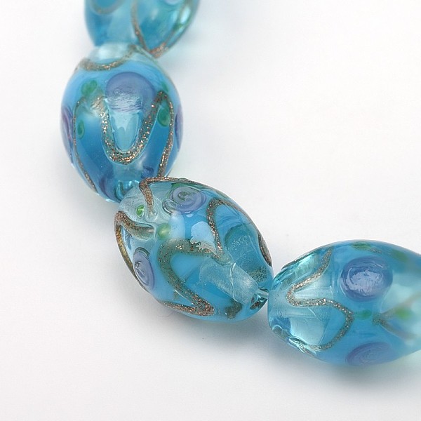 

PandaHall Oval Shaped Handmade Gold Sand Lampwork Beads, Sky Blue, 16x11mm, Hole: 2mm Lampwork Oval Blue