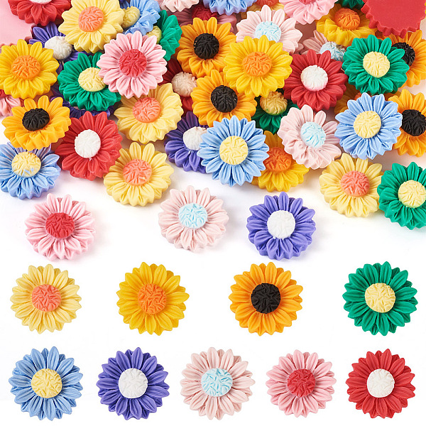 

PandaHall 54Pcs 9 Colors Opaque Resin Cabochons, Sunflower, Mixed Color, 24x7mm, 6pcs/color Resin Flower Multicolor