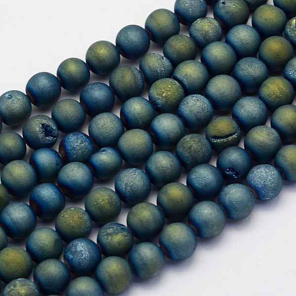 

PandaHall Electroplate Natural Druzy Agate Beads Strands, Dyed, Round, Frosted, Green Plated, 6mm, Hole: 1mm, about 62pcs/strand, 15.7 inch..., Blue