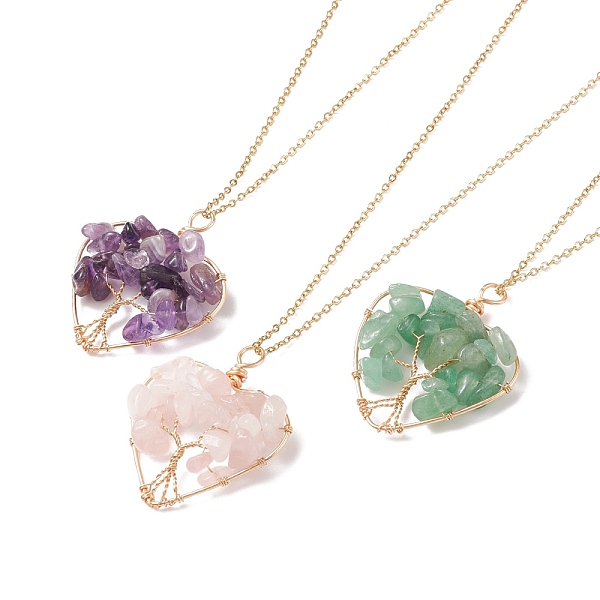 

PandaHall Natural Gemstone Chips Heart with Tree of Life Pendant Necklace, Light Gold Plated 304 Stainless Steel Wire Wrap Jewelry for Women...