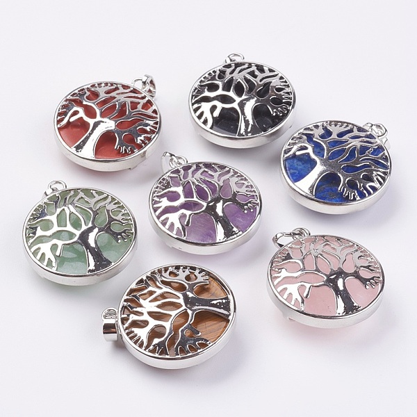 

PandaHall Natural & Synthetic Mixed Stone Pendants, with Platinum Tone Brass Findings, Flat Round with Tree of Life, 31.5x28x11.5mm, Hole...