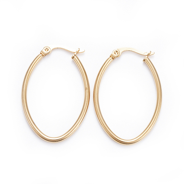 PandaHall Simple Fashion 304 Stainless Steel Hoop Earring, Geometrical, Oval, Golden, 34x23x2mm; Pin: 0.6x1mm Stainless Steel PandaHall Simple Fashion 304 Stainless Steel Hoop Earring, Geometrical, Oval, Golden, 34x23x2mm; Pin: 0.6x1mm Stainless Steel