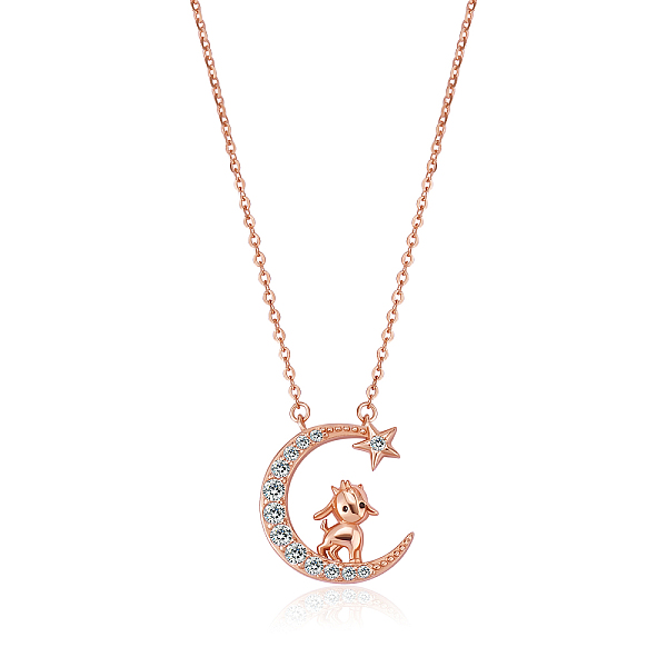 

PandaHall Chinese Zodiac Necklace Sheep Necklace 925 Sterling Silver Rose Gold Lamb on the Moon Pendant Charm Necklace Zircon Moon and Star..., Clear