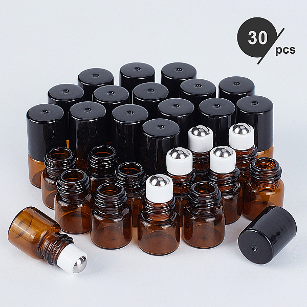 

PandaHall BENECREAT 30 Pack 1ml Amber Glass Roller Bottle with Black Cap Mini Essential Oil Roll on Bottle with 4PCS Hoppers, 1PC Opener, 10..., Multicolor