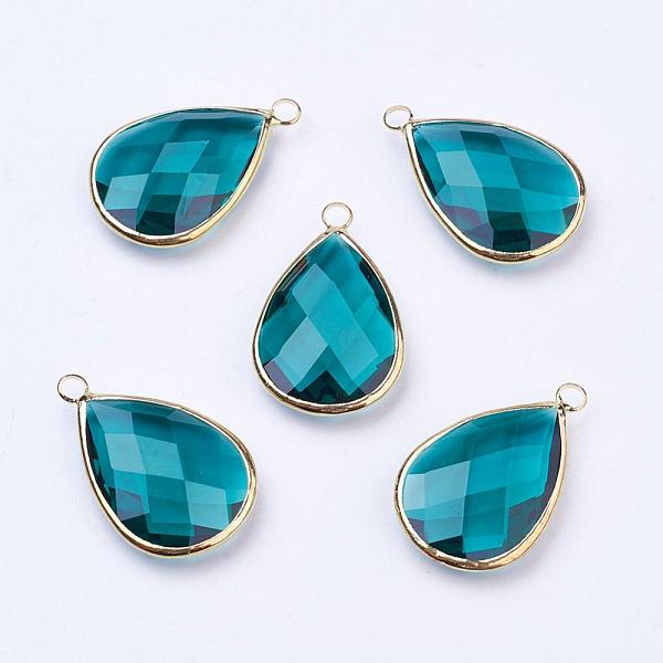 

PandaHall Golden Tone Brass Glass Teardrop Pendants, Faceted, Teal, 18x10x5mm, Hole: 2mm Brass+Glass Teardrop Cyan
