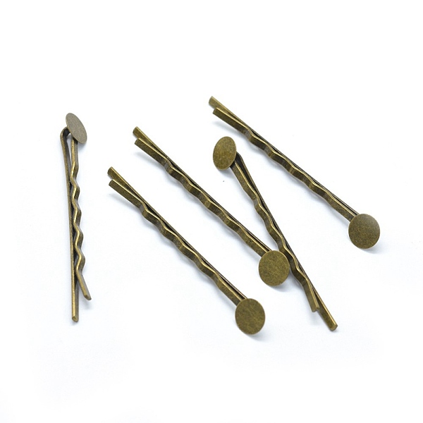

PandaHall Iron Hair Bobby Pin Findings, with Flat Round Tray, Nickel Free, Antique Bronze, 58x2mm Iron