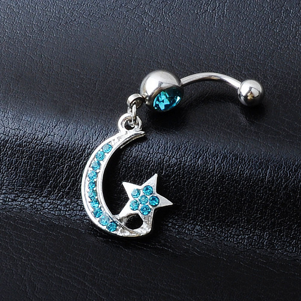 

PandaHall Rhinestone Moon & Star Dangle Belly Ring, Alloy Navel Ring with 316L Surgical Stainless Steel Bar for Women Piercing Jewelry..., Blue