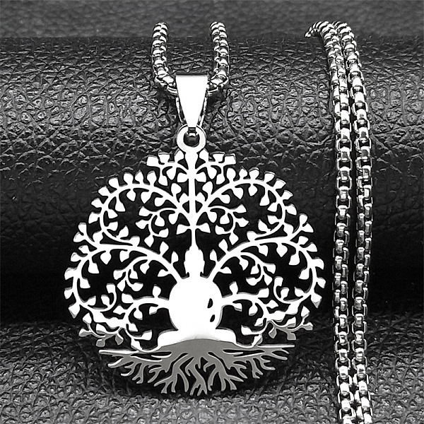201 Stainless Steel Buddha Yoga Tree of Life Pendant Necklaces