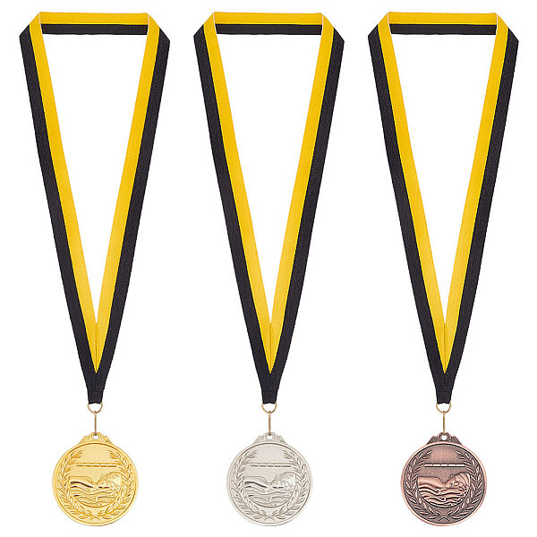 

PandaHall FINGERINSPIRE 3Pcs Award Medals with Premium Ribbon Alloy Award with Stripe Pattern Lanyard Golden Platinum Red Copper Flat Round...