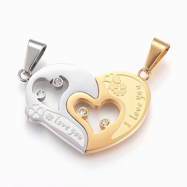 

PandaHall 304 Stainless Steel Rhinestone Split Pendants, Heart with Clover, For Valentine's Day, Golden & Stainless Steel Color, 25x37x2.5mm..., Clear