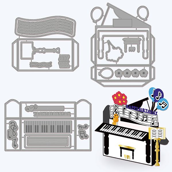 PandaHall GLOBLELAND 3Pcs 3D Piano Frame Cutting Dies Metal Musical Notes Bird Die Cuts Embossing Stencils Template for Paper Card Making...