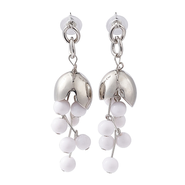 

PandaHall Plastic Beaded Flower Dangle Stud Earrings, Alloy Cluster Long Drop Earrings for Women, Platinum, 72mm, Pin: 0.8mm Alloy Flower