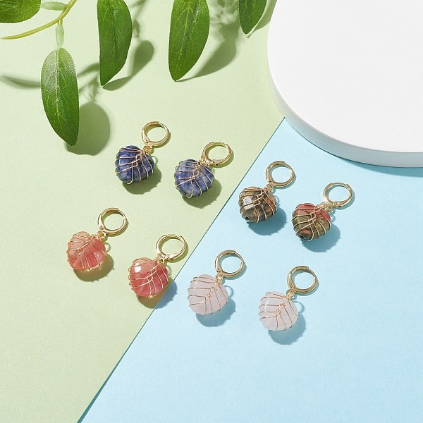 

PandaHall Heart Gemstone Wire Wrapped Dangle Hoop Earrings for Women, Golden, 35mm, Pin: 0.9mm Mixed Stone Heart