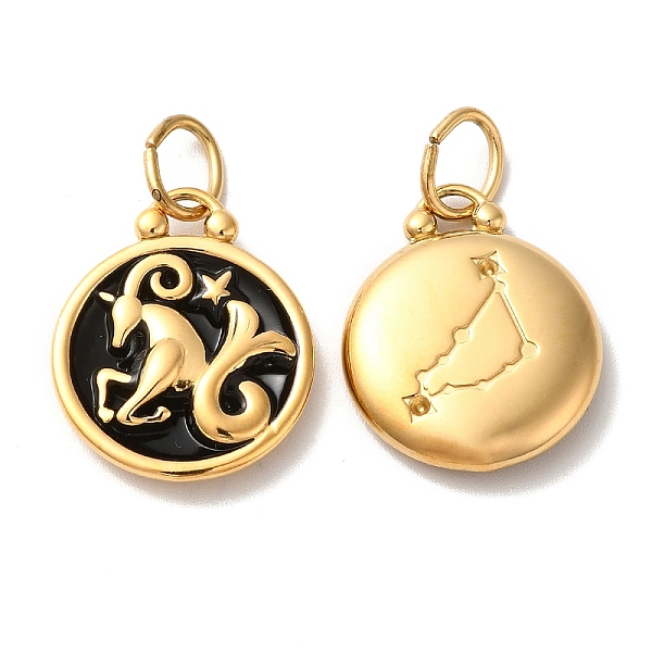 

PandaHall Ion Plating(IP) 304 Stainless Steel Enamel Pendants, with Jump Ring, Flat Round with Constellation, Golden, Capricorn..., Black
