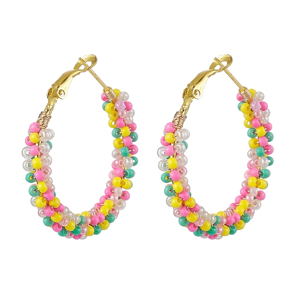 

PandaHall Colorful Glass Seed Beads Hoop Earrings, Ring Shape Iron Earring for Women, Golden, 37x5.5mm Seed Beads Ring