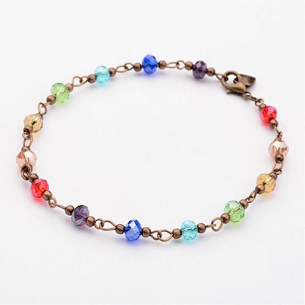 

PandaHall Glass Beads Anklets, Faceted, with Metal Findings, Antique Bronze, Colorful, 250mm(9-7/8 inch) Glass