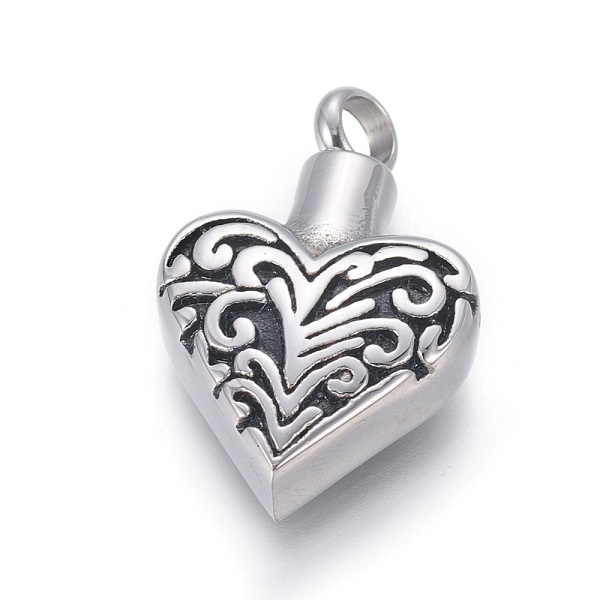PandaHall Retro 304 Stainless Steel Pendants, Perfume Bottle, Heart, Antique Silver, 28x18x7mm, Hole: 4mm 304 Stainless Steel Heart