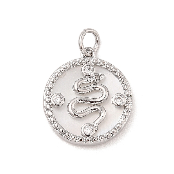 

PandaHall Brass Micro Pave Clear Cubic Zirconia Pendants, with Natural White Shell and Jump Ring, Flat Round with Snake, Platinum...