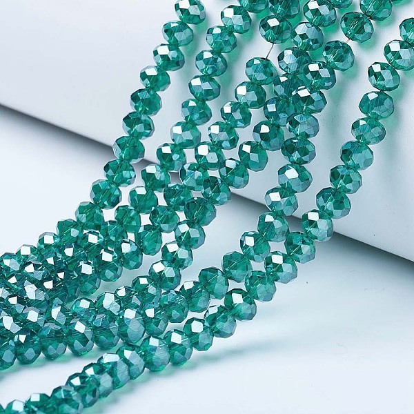 

PandaHall Electroplate Glass Beads Strands, Pearl Luster Plated, Faceted, Rondelle, Dark Cyan, 8x6mm, Hole: 1mm, about 63~65pcs/strand...