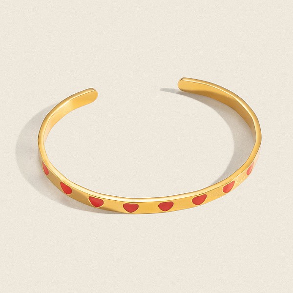Bracelets manchettes ouvertes en acier inoxydable 304 émaillé rouge en forme de cœur pour femmes