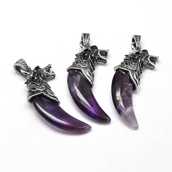 

PandaHall Tusk Shape with Wolf Antique Silver Zinc Alloy Natural Amethyst Big Pendants, Lead Free & Nickel Free, 53~57x23x10mm, Hole...