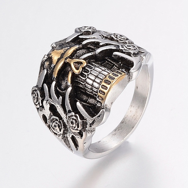 

PandaHall 304 Stainless Steel Finger Rings, Skull with Flower, Antique Silver & Antique Golden, 18~22mm 304 Stainless Steel