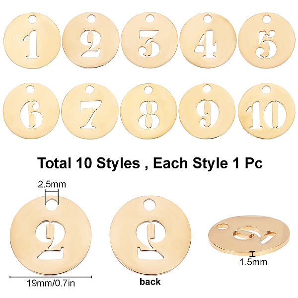 

PandaHall SUNNYCLUE 10Pcs 304 Stainless Steel Pendants, Hollow, Flat Round with Number 1~10, Golden, 1pc/number 304 Stainless Steel Flat...
