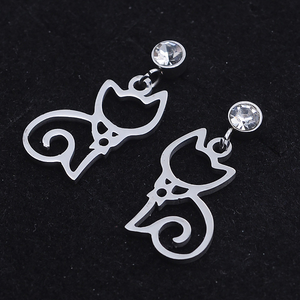 

PandaHall 201 Stainless Steel Kitten Dangle Stud Earrings, with Clear Cubic Zirconia, Hollow Cat, Stainless Steel Color, 22.5mm, Pin: 0.8mm...